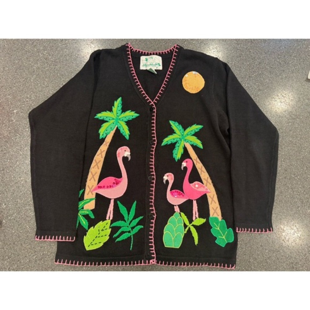 Quacker Factory Flamingo Palm Tree Cardigan Grand… - image 1